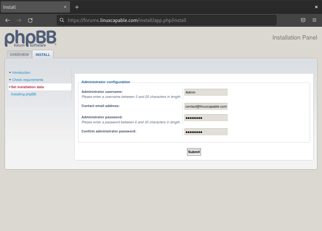 phpBB Debian WebUI étape 3 : configurer le compte administrateur