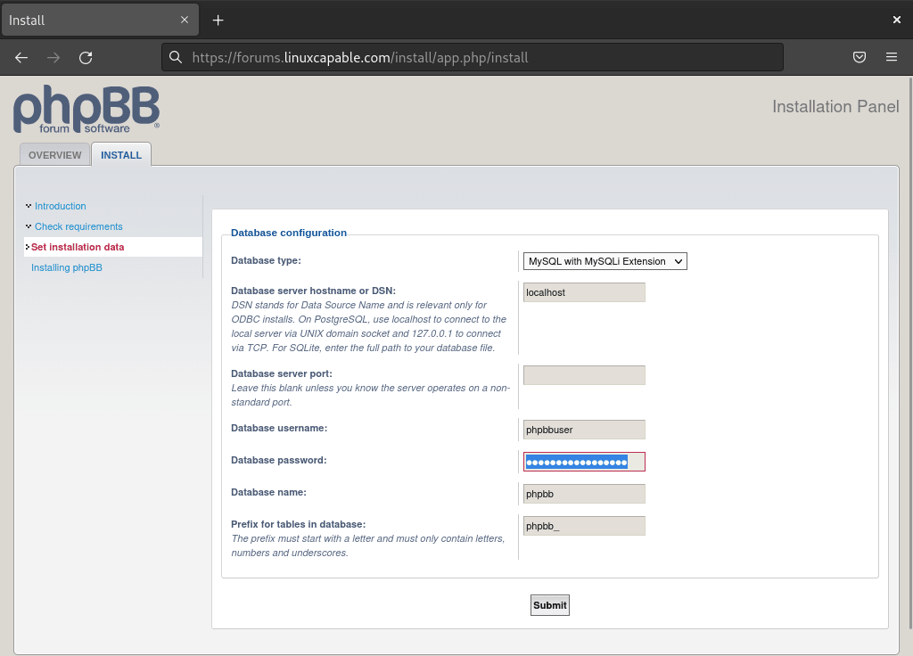 phpBB Debian WebUI étape 4 : Entrez les détails de l'utilisateur MySQL phpBB et continuez