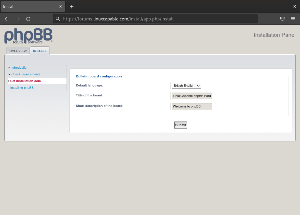 phpBB Debian WebUI étape 8 : étape de configuration du bulletin d'information