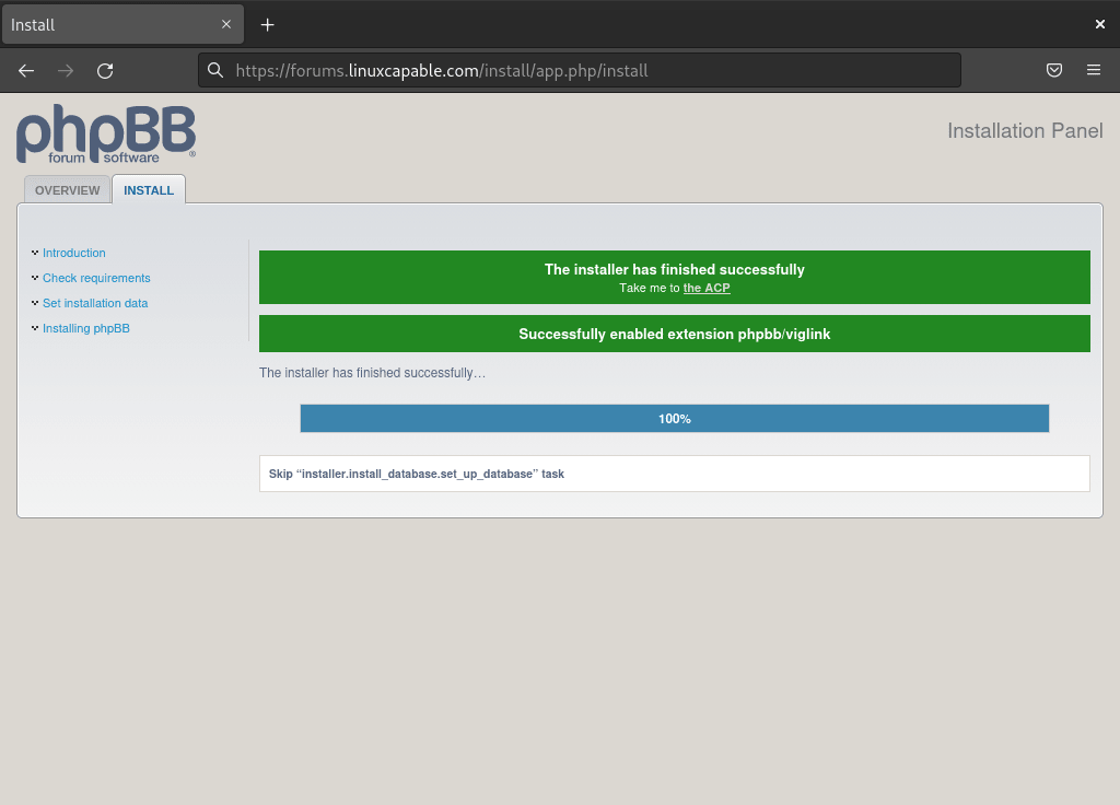 L'installation de phpBB sur Debian Linux WebUI s'est terminée avec succès