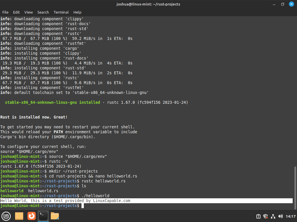 Print out of Hello World example with Rust on Linux Mint
