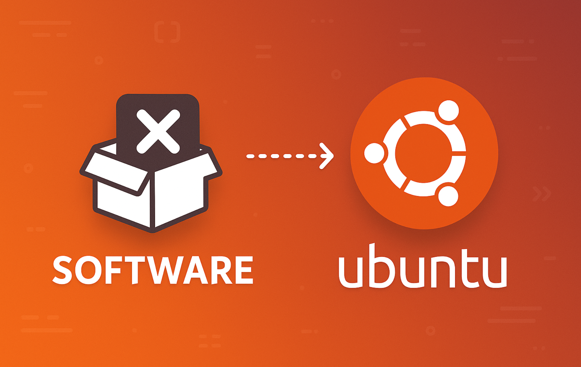 Package removal icon with X symbol transitioning to Ubuntu logo on orange background