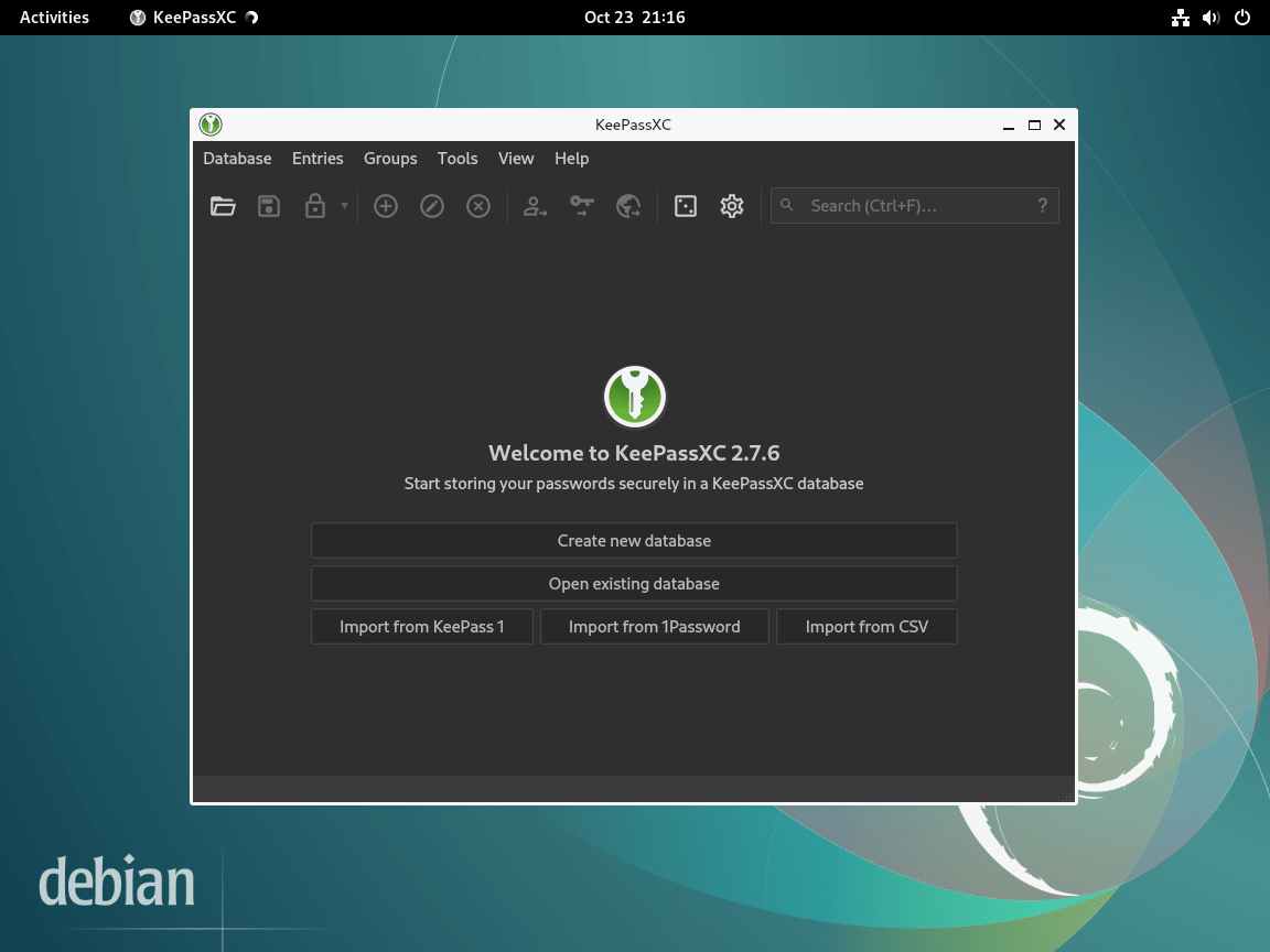 KeePassXC が Debian Linux に正常にインストールされ、起動しました