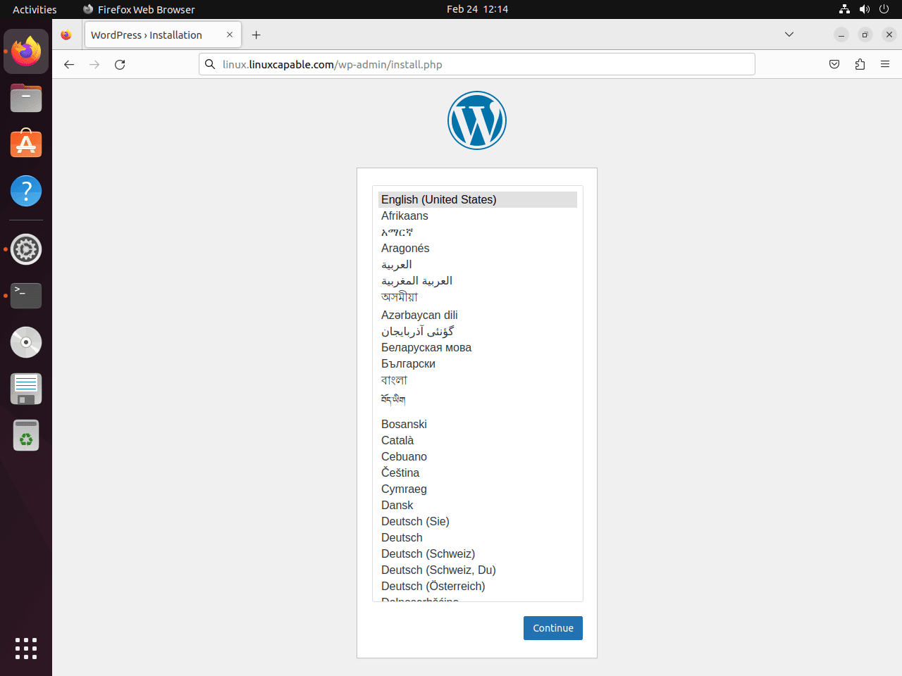 Sélection de la langue pour l'installation de WordPress sur l'interface graphique frontale sur Ubuntu Linux