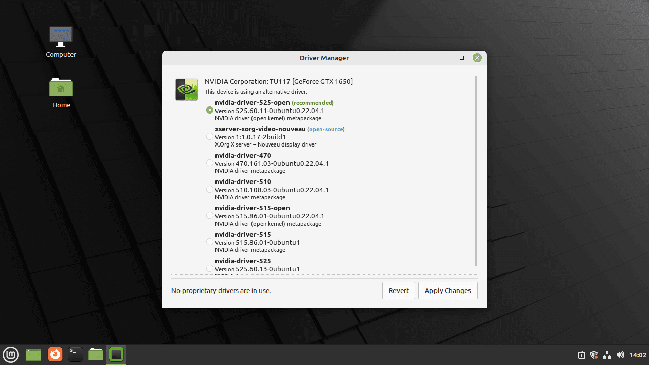 Sélectionnez l’option des pilotes Nvidia à installer sur Linux Mint