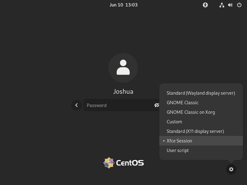 CentOS Stream에 로그인할 때 XFCE 세션 선택