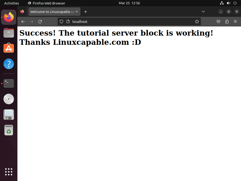 Server block successfully set up for Nginx on Ubuntu Linux