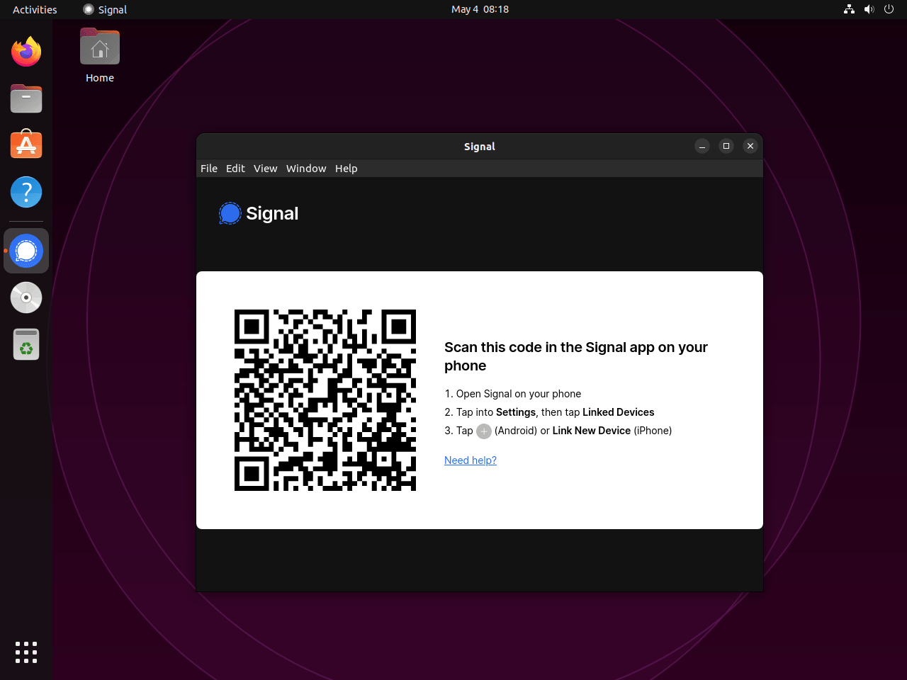 Jelentkezzen be a Signal Messengerbe QR-kóddal Ubuntu Linuxon