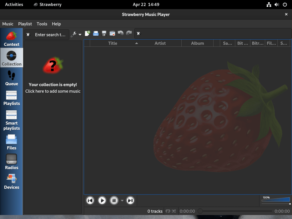 Fedora Linux で起動した Strawberry UI の例