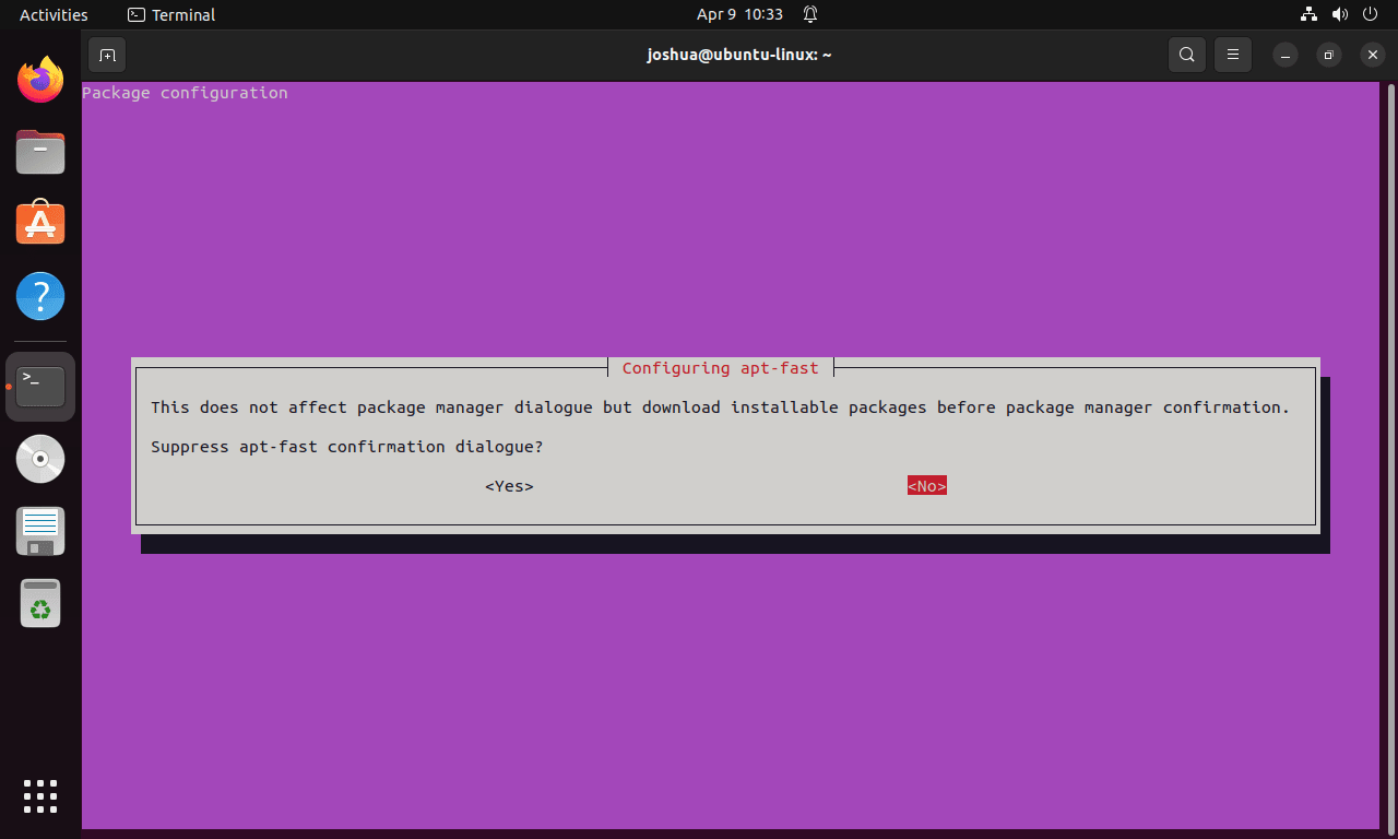 Suppressing APT-Fast confirm dialogue prompt on Ubuntu Linux