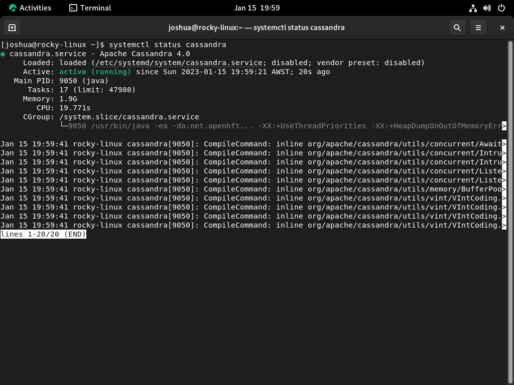 Status Systemctl w usłudze Apache Cassandra w systemie Rocky Linux