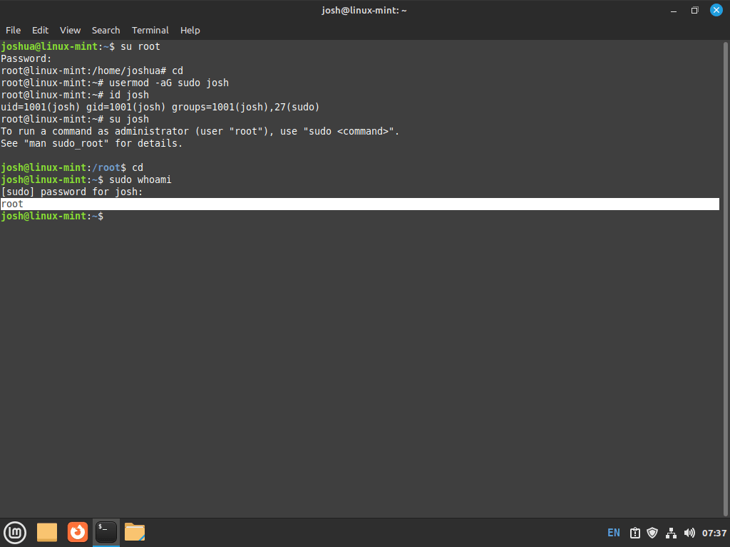 whoami command to confirm sudo added to new user on Linux Mint