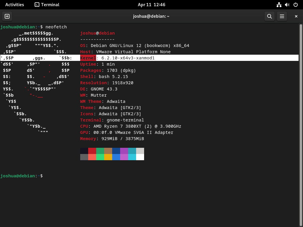 Xanmod Kernel vérifié avec la sortie Neofetch CLI sur Debian Linux