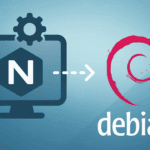 NGINX logo with gear icon on monitor connected by arrow to Debian swirl logo on blue gradient background
