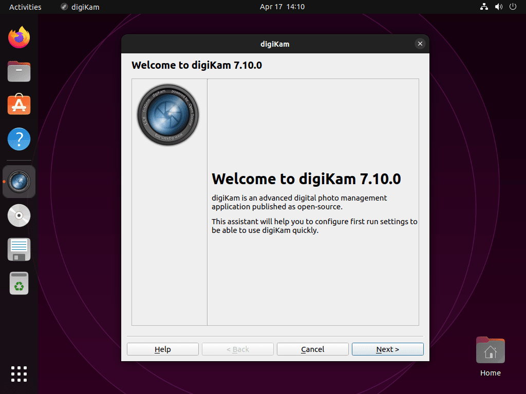 Welkomstscherm voor de eerste installatie voor digiKam op Ubuntu