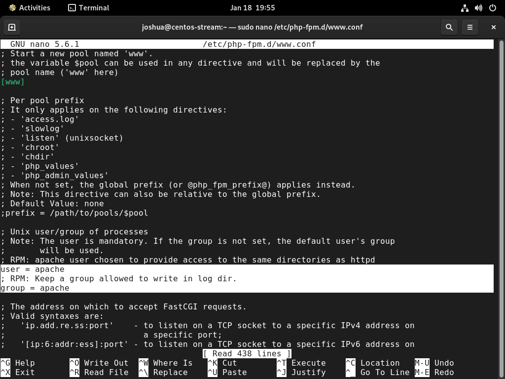 Menemukan pengguna Apache dalam konfigurasi PHP-FPM di CentOS Stream