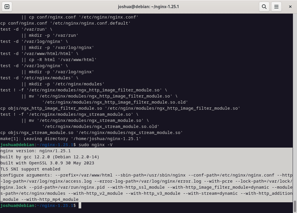 Nginx build complete and installed on Debian Linux