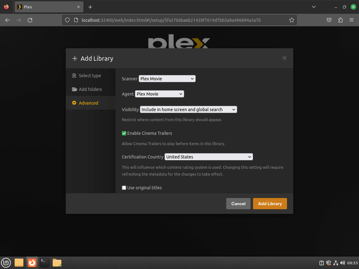 Paramètres avancés pour ajouter une bibliothèque dans Plex Media Server sur Linux Mint