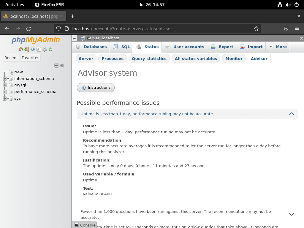 Debian Linux에서 LEMP와 함께 설치된 phpMyAdmin의 Advisor 시스템