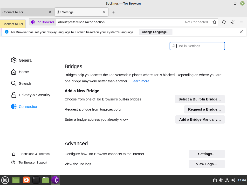 Bridges indstillinger i Tor Browser på Linux Mint