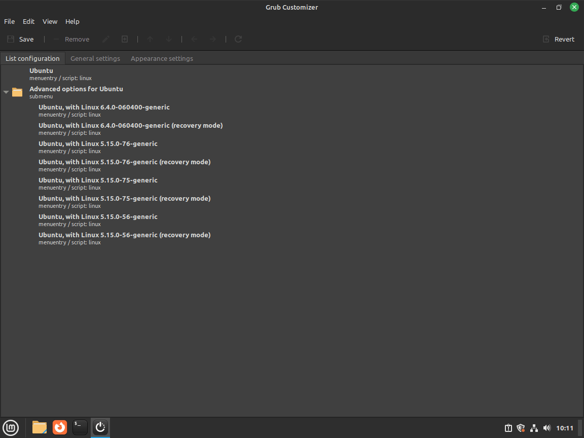 Linux Mint 上的 Grub Customizer 默认 UI