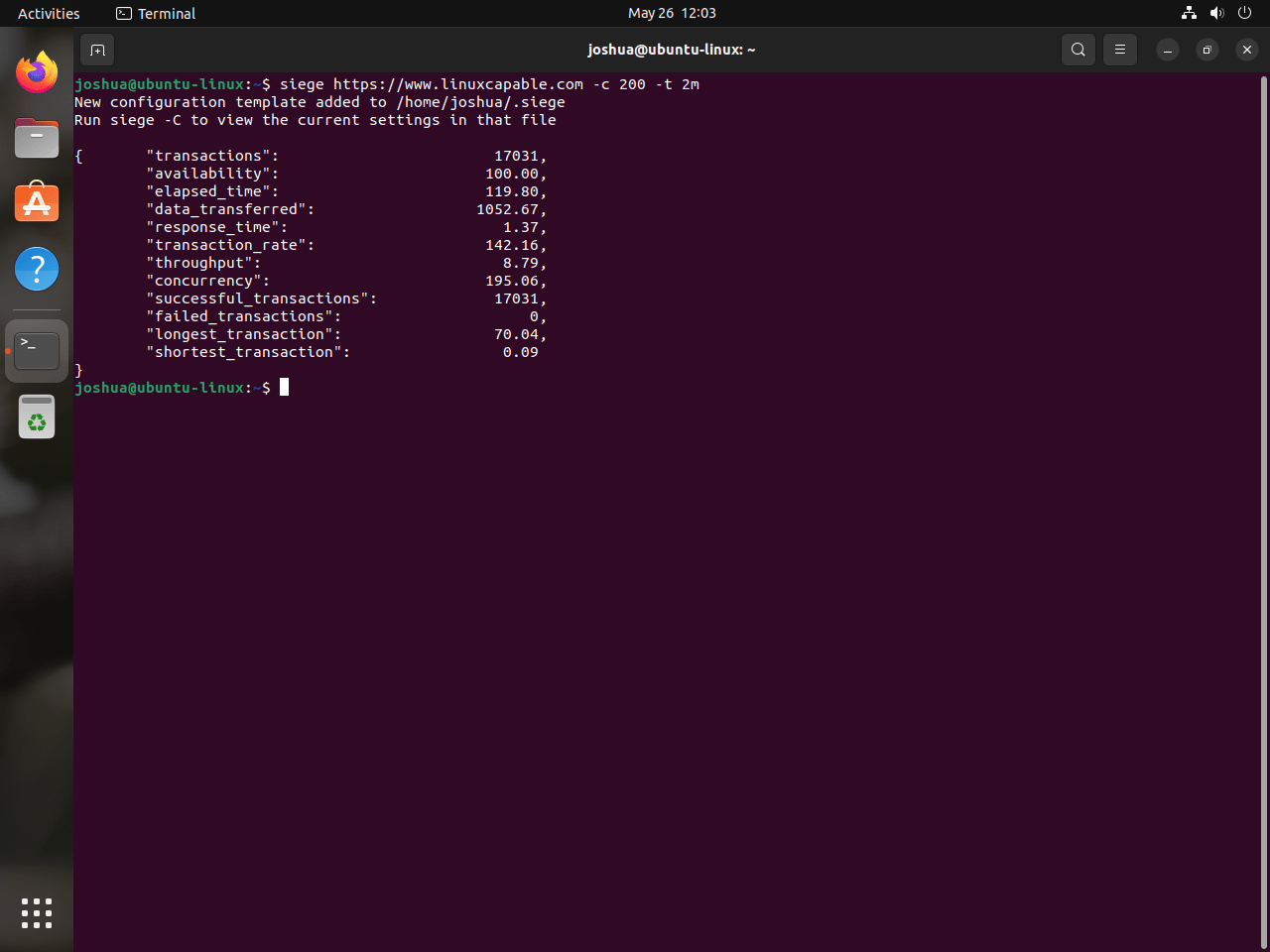 Indlæs test på linuxcapable.com med Siege og Ubuntu Linux