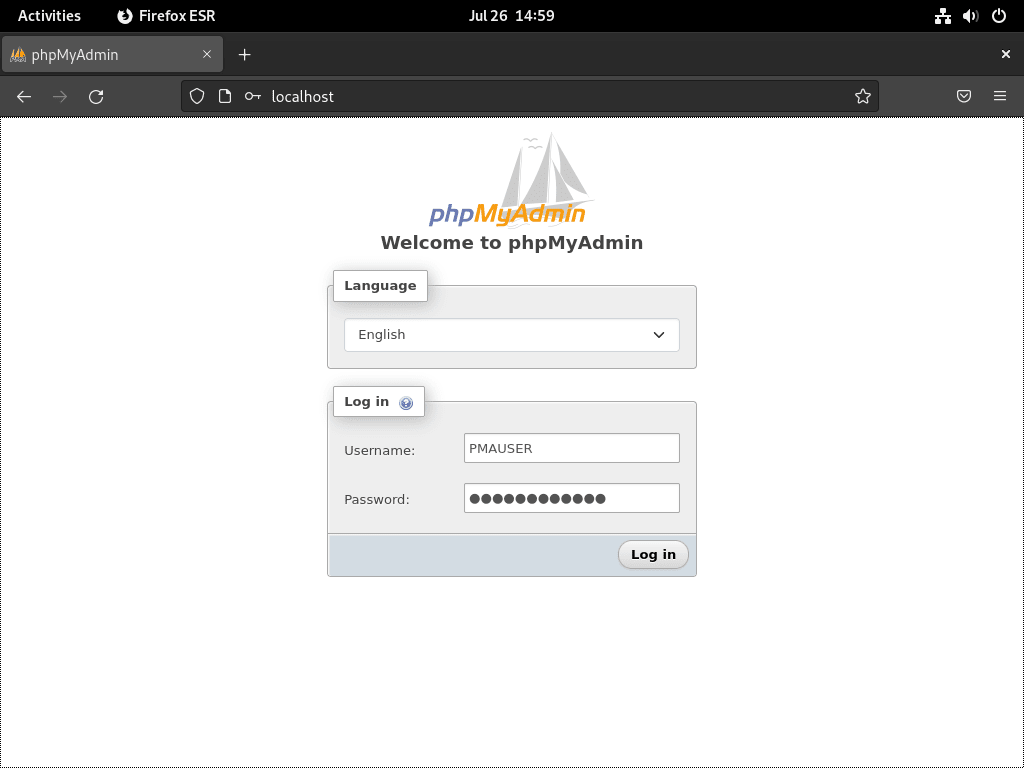 Login screen for phpMyAdmin installed with LEMP on Debian Linux