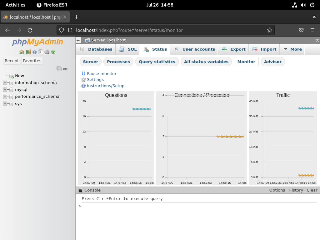 Overvågningsside på phpMyAdmin installeret med LEMP på Debian Linux