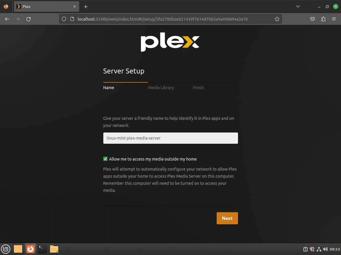 Memberi nama Plex Media Server dan mengatur opsi akses di Linux Mint