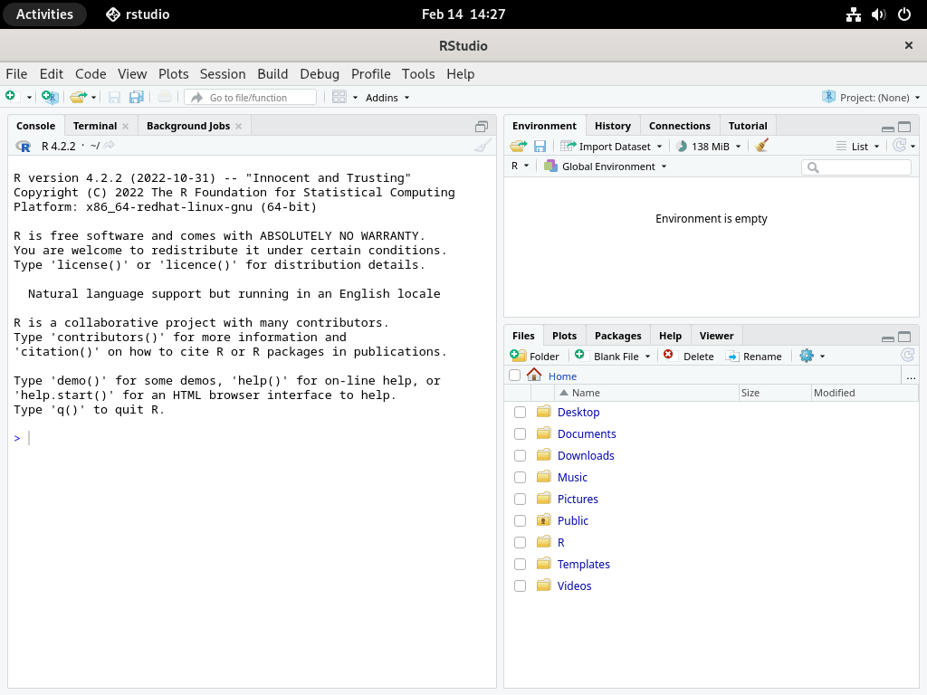 R Studio grafisk interface på Fedora Linux