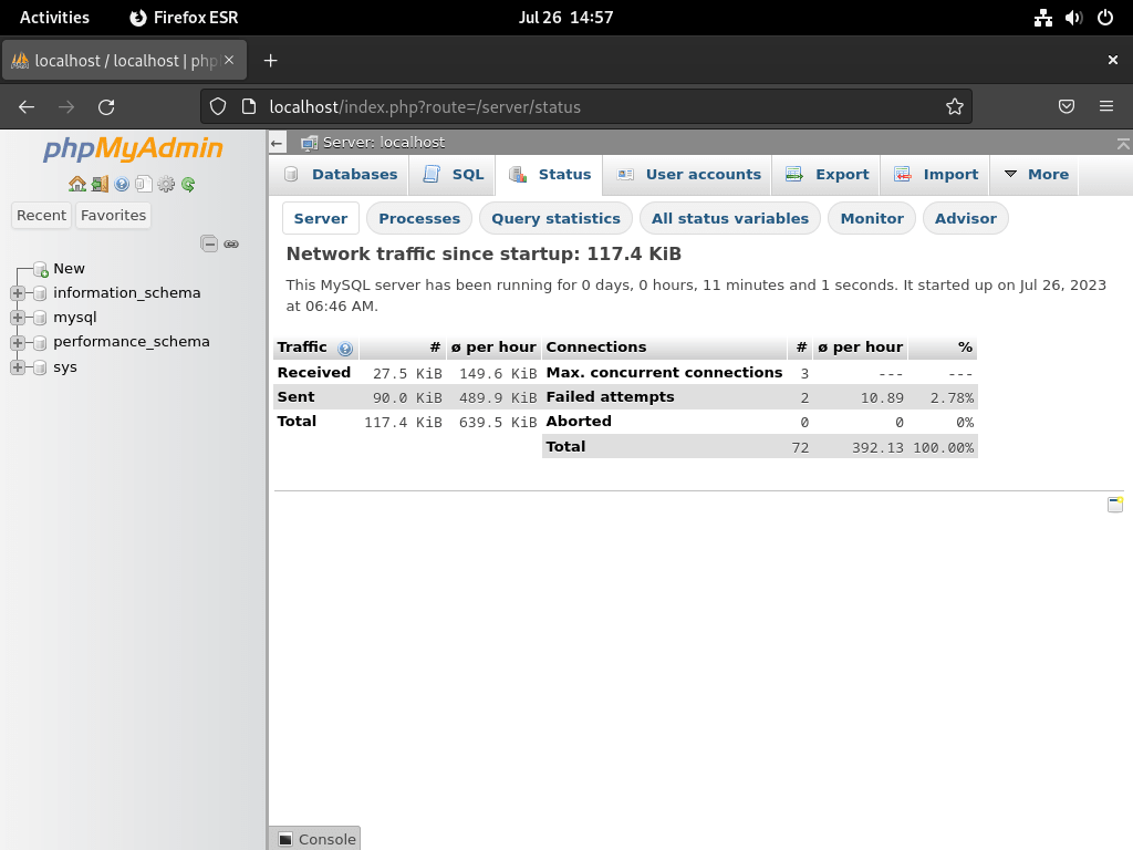 Strona stanu w phpMyAdmin zainstalowanym z LEMP na Debianie Linux