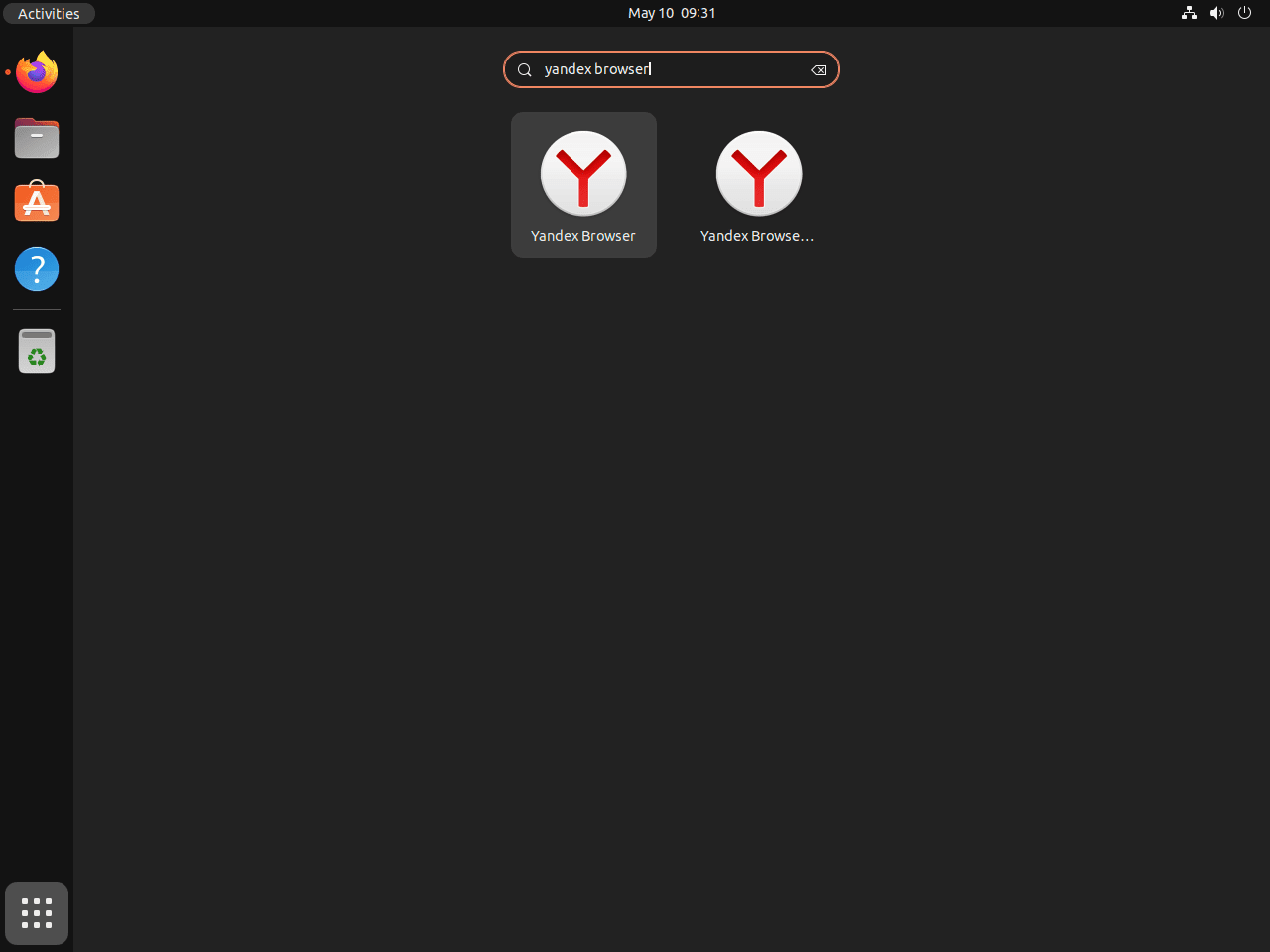 Navegador Yandex en el menú de aplicaciones en Ubuntu Linux