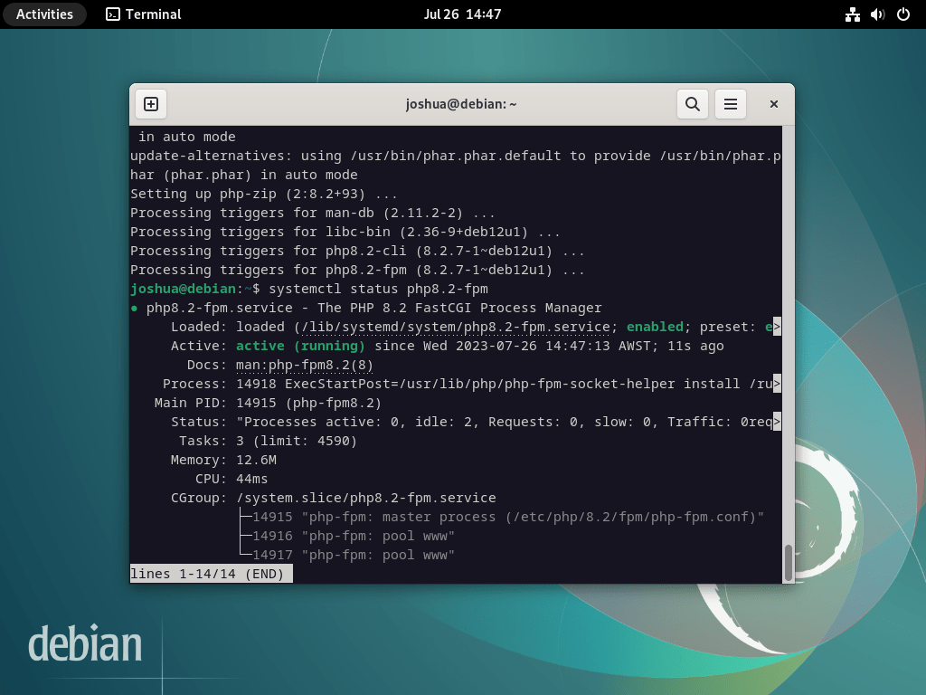 在 Debian Linux 上為 phpMyAdmin 安裝 LEMP 期間的 PHP 狀態