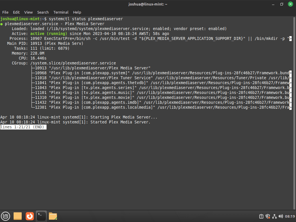 Status Systemctl untuk Plex Media Server di Linux Mint