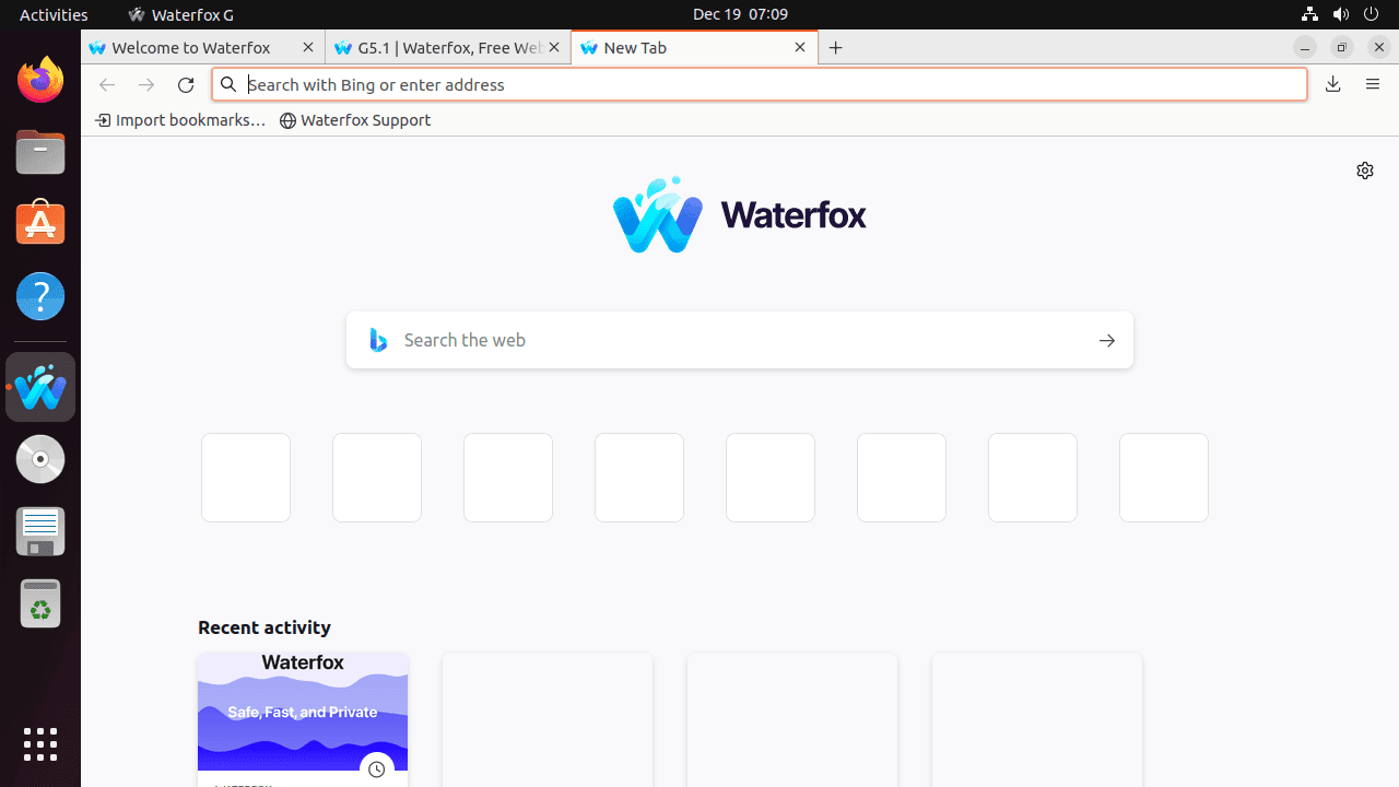 Ubuntu Linux 上の Waterfox ブラウザ モダン