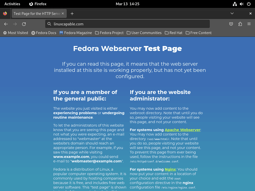 La page de test Apache par défaut de Fedora s'est ouverte avec succès