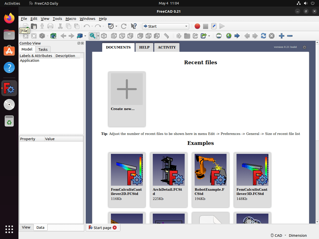 UI padrão do FreeCAD no Ubuntu Linux