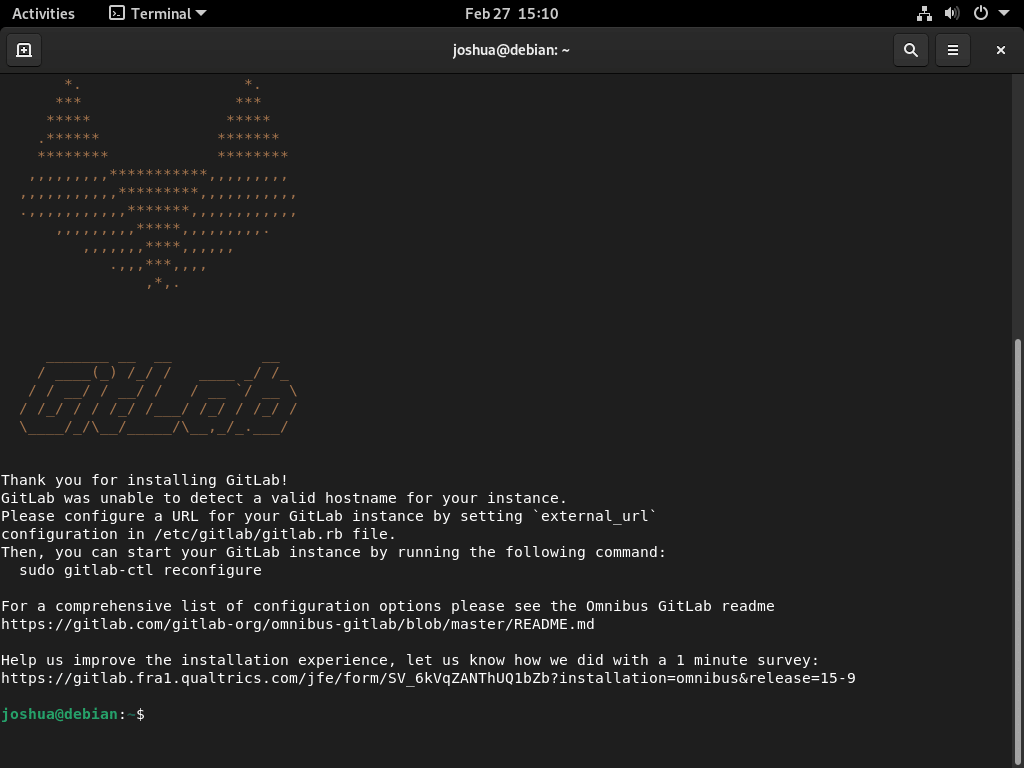 GitLab successfully installed terminal output on Debian Linux