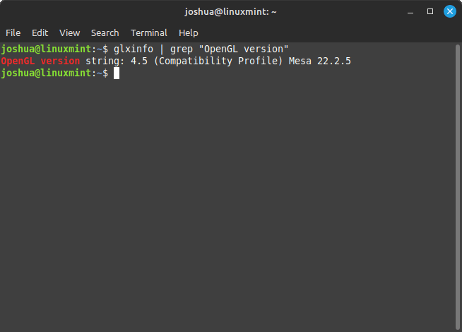 GLXinfo command before Mesa drivers upgrade on Linux Mint
