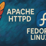 Artistic representation of Apache HTTPD and Fedora Linux with logos and painterly background