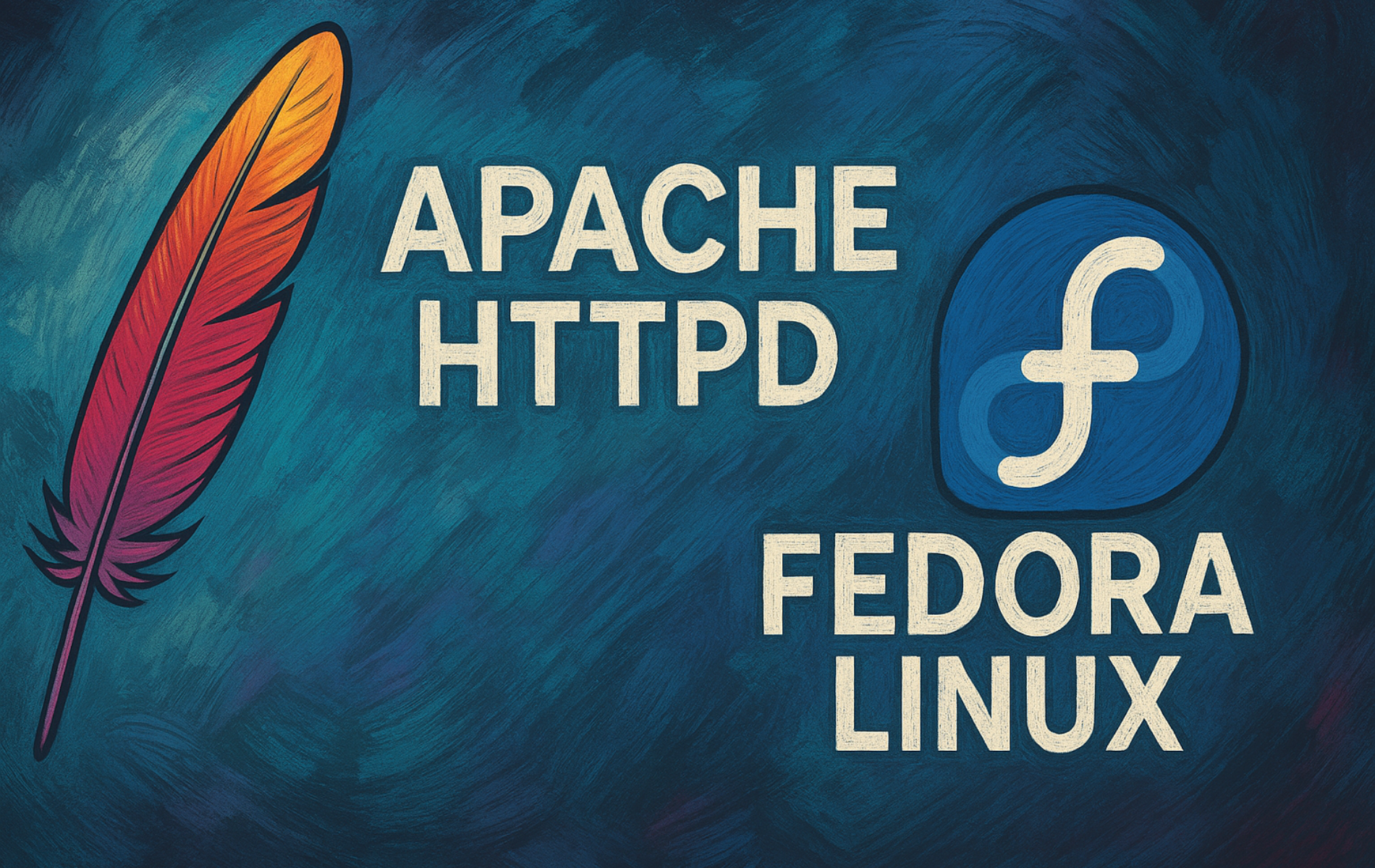 Artistic representation of Apache HTTPD and Fedora Linux with logos and painterly background