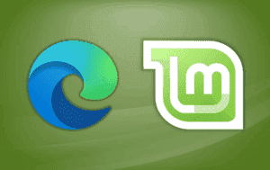 Microsoft Edge and Linux Mint logos on green gradient background