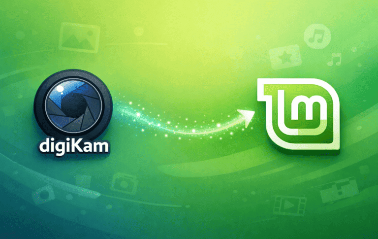 digiKam logo with arrow pointing to Linux Mint logo on green gradient background