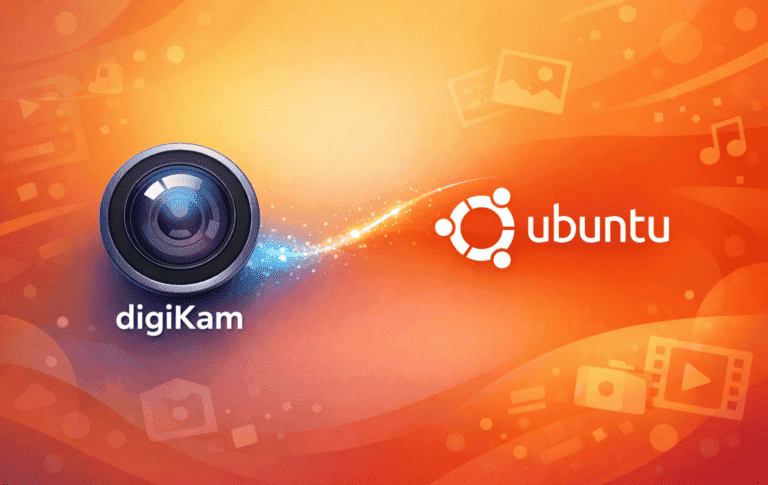 digiKam logo with camera lens and Ubuntu logo on orange background with photo icons