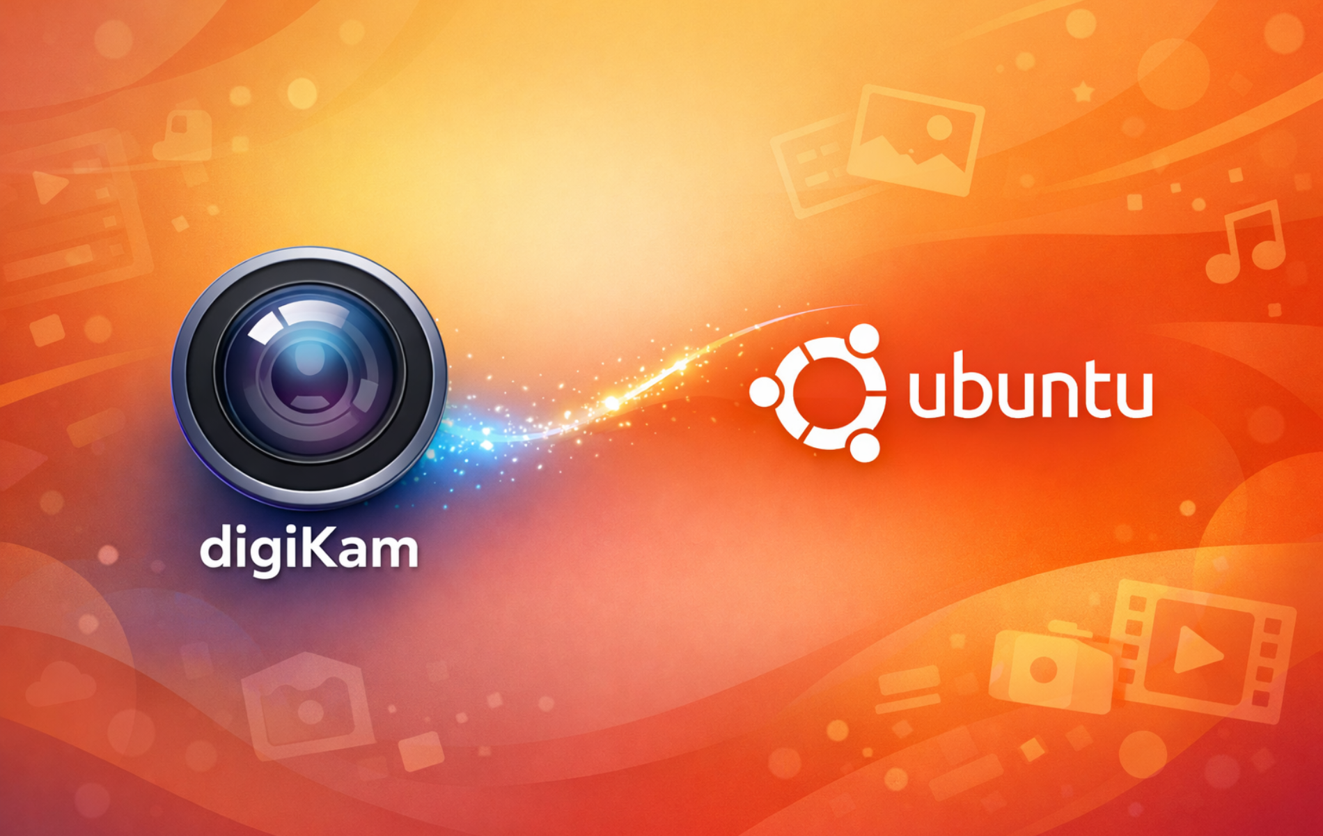 digiKam logo with camera lens and Ubuntu logo on orange background with photo icons