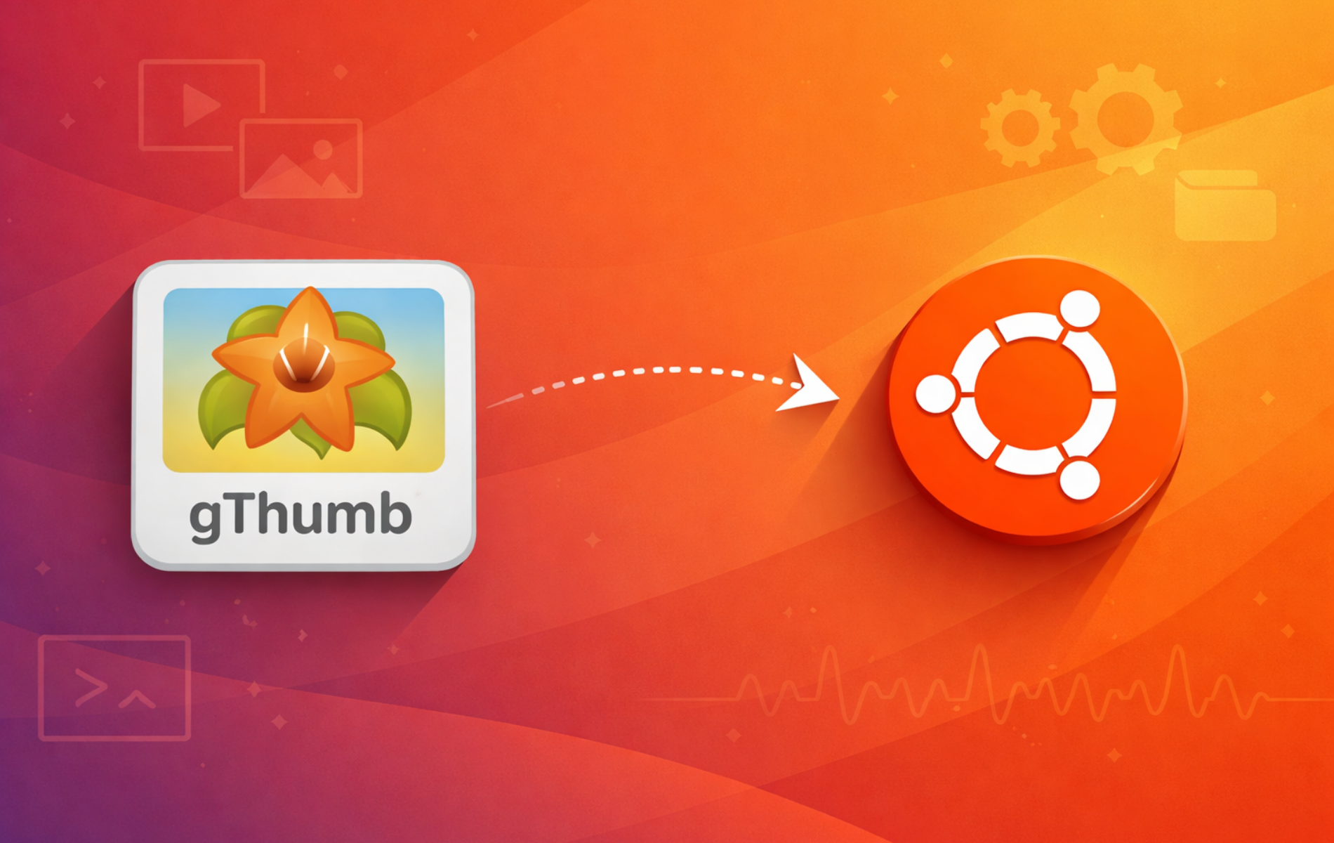 gThumb image viewer application icon with arrow pointing to Ubuntu logo on orange gradient background