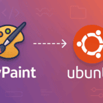 MyPaint painting palette icon with arrow pointing to Ubuntu logo on purple gradient background