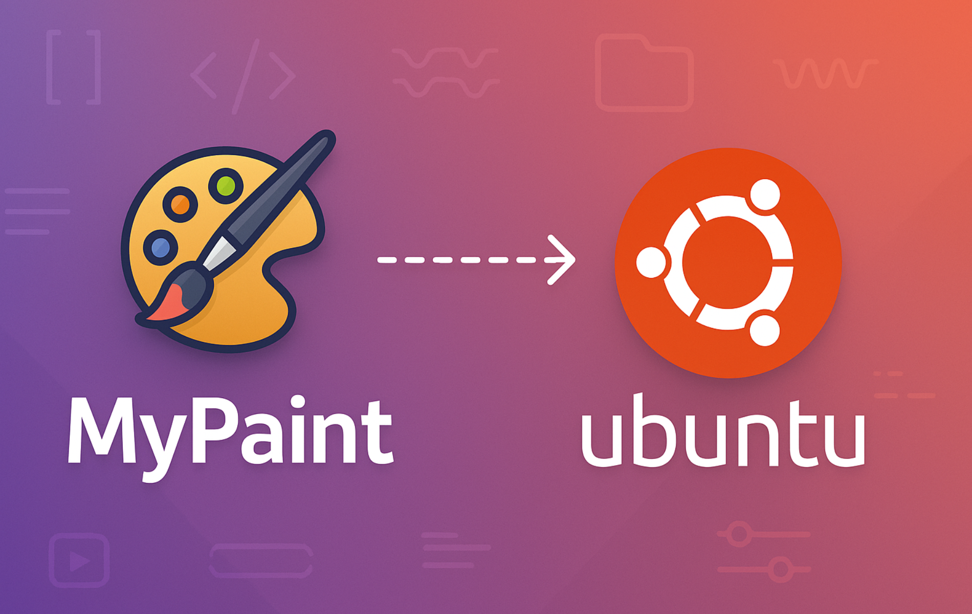MyPaint painting palette icon with arrow pointing to Ubuntu logo on purple gradient background