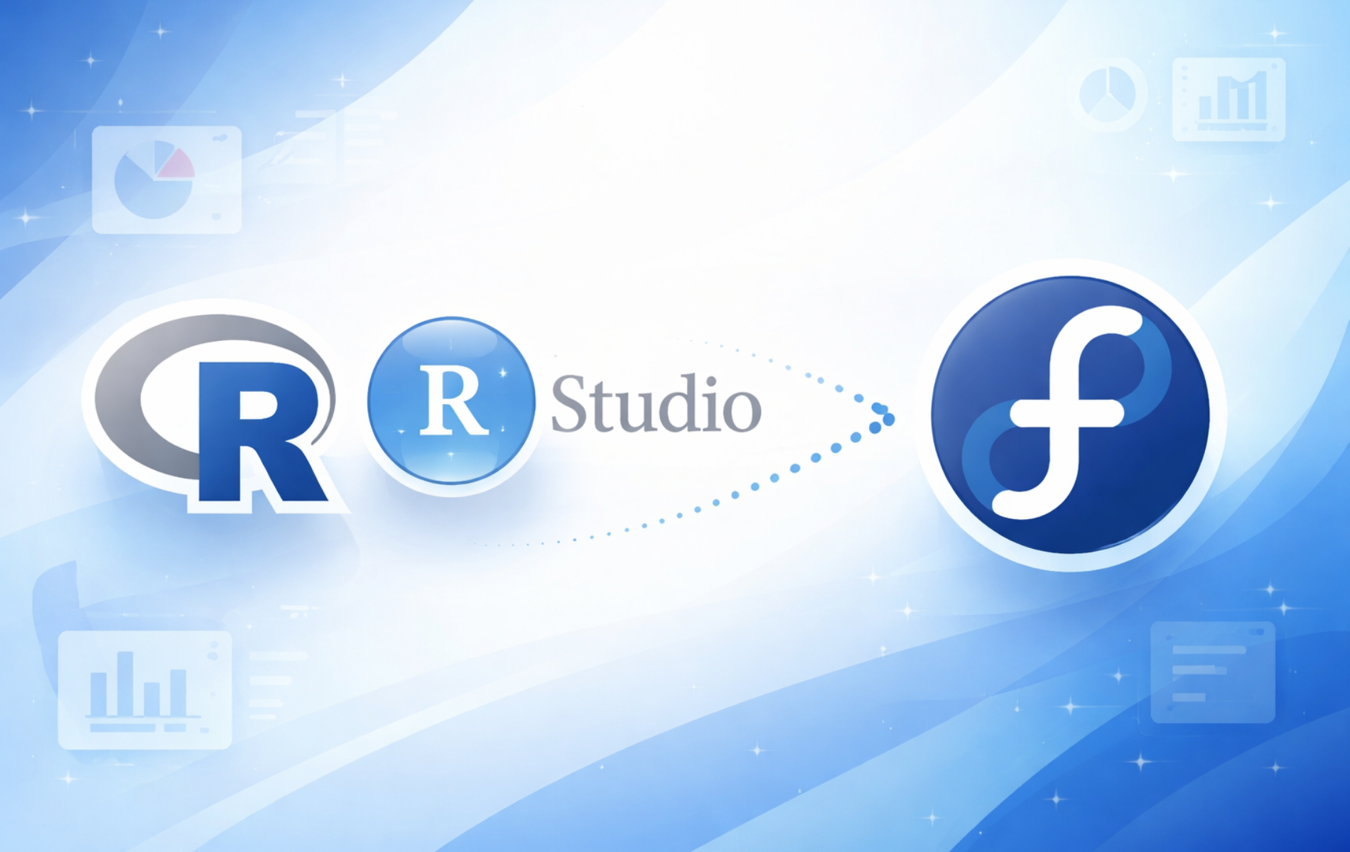 R and RStudio logos alongside Fedora logo with data visualization charts in the background