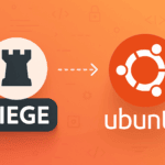 Siege load testing tool logo with castle tower icon connected to Ubuntu logo on orange gradient background